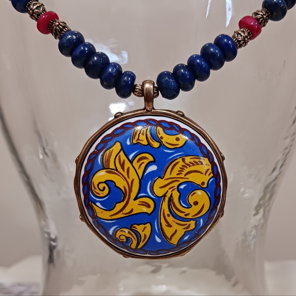 Patricia Nash Positano Beaded Ceramic Pendant Necklace Coral & Lapis - Picture 4 of 10